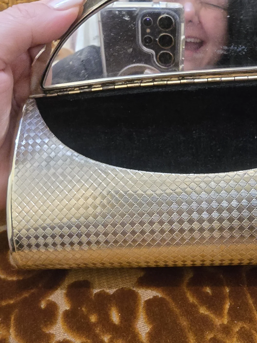 Vintage Gold Metallic Scalloped Evening Clutch with Floral Accent